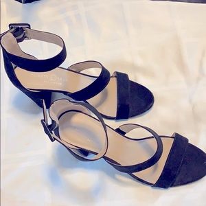 Suede, high-heeled, ankle-strapped sandal, size 10